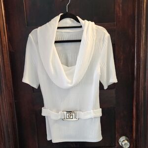 Chic White Cowl Neck Sweater with Belt